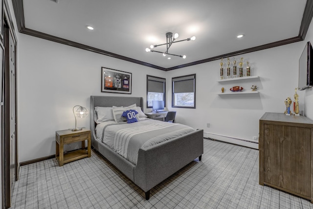 bedroom with a baseboard radiator, baseboards, a notable chandelier, and ornamental molding