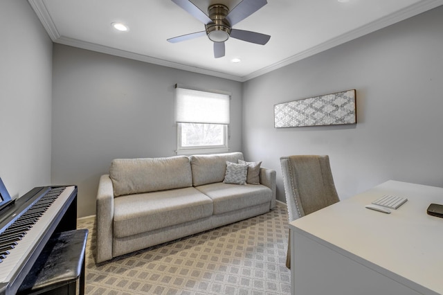 office area with recessed lighting, light colored carpet, a ceiling fan, and ornamental molding