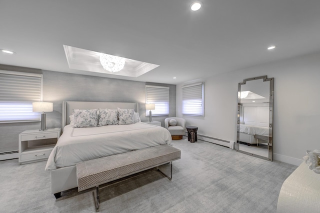 carpeted bedroom with recessed lighting, a baseboard radiator, a raised ceiling, and baseboards