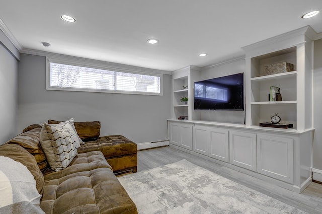 living room featuring a baseboard heating unit, light wood-style flooring, recessed lighting, and ornamental molding