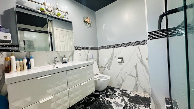 full bath with toilet, marble finish floor, a shower with door, a chandelier, and vanity