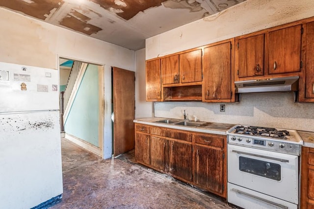 kitchen with white appliances, ventilation hood, open shelves, a sink, and light countertops