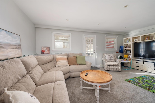 living room featuring light carpet