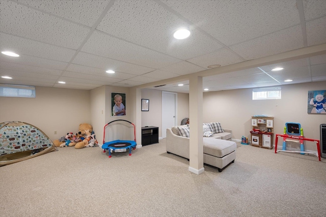 rec room featuring recessed lighting, carpet floors, and a paneled ceiling