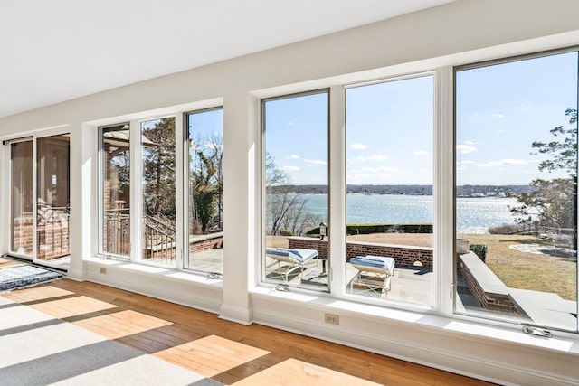 interior space featuring a water view and wood-type flooring