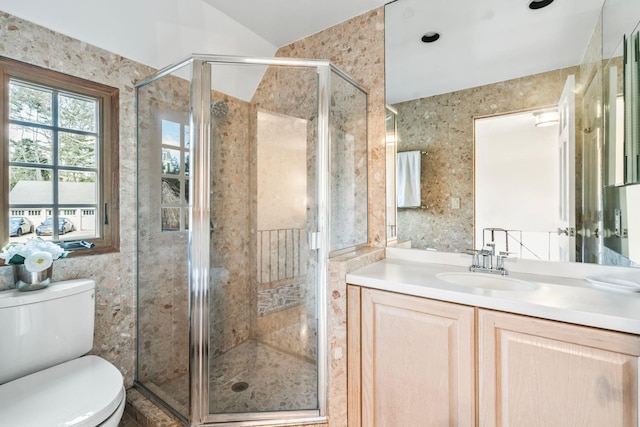 full bathroom featuring vanity, toilet, and a shower stall