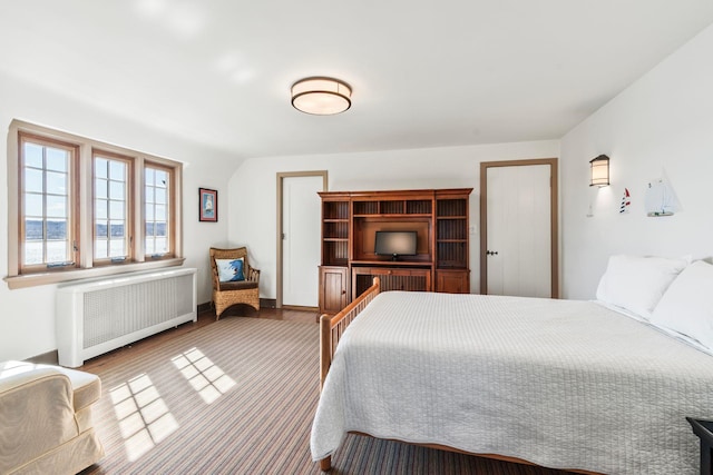 bedroom featuring radiator, wood finished floors, and baseboards