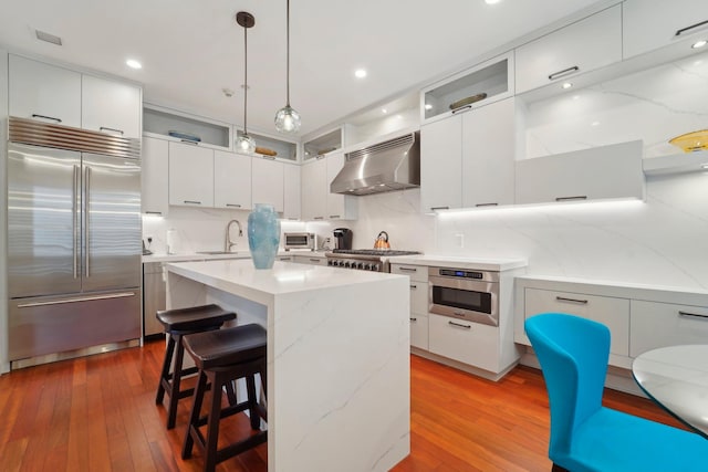 kitchen featuring stainless steel appliances, wood finished floors, range hood, and white cabinetry