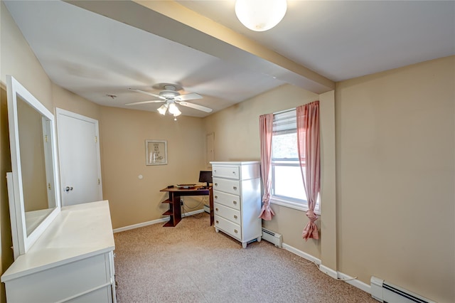bedroom with light colored carpet, baseboards, a ceiling fan, and a baseboard heating unit