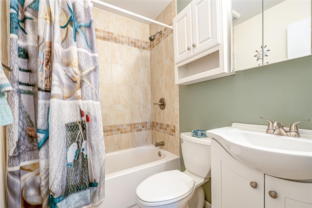 full bath with toilet, shower / tub combo, and vanity