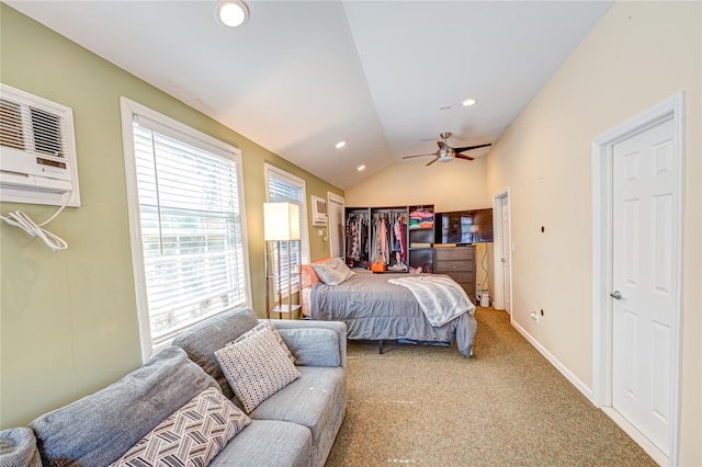 carpeted bedroom featuring a ceiling fan, baseboards, lofted ceiling, a wall mounted AC, and recessed lighting