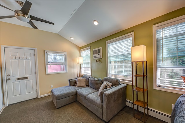 living room featuring a ceiling fan, lofted ceiling, a baseboard heating unit, baseboards, and dark colored carpet