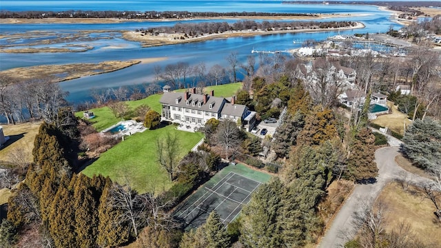 drone / aerial view featuring a water view