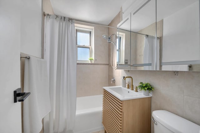 full bath with toilet, vanity, decorative backsplash, tile walls, and shower / bathtub combination with curtain