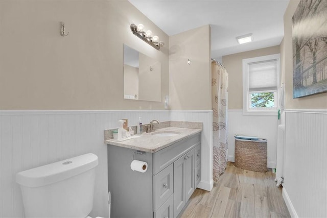 bathroom featuring wainscoting, vanity, toilet, and wood finished floors