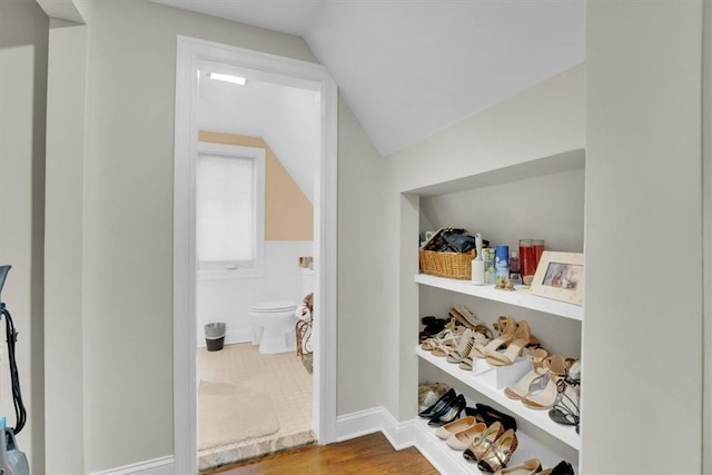 walk in closet with wood finished floors and vaulted ceiling