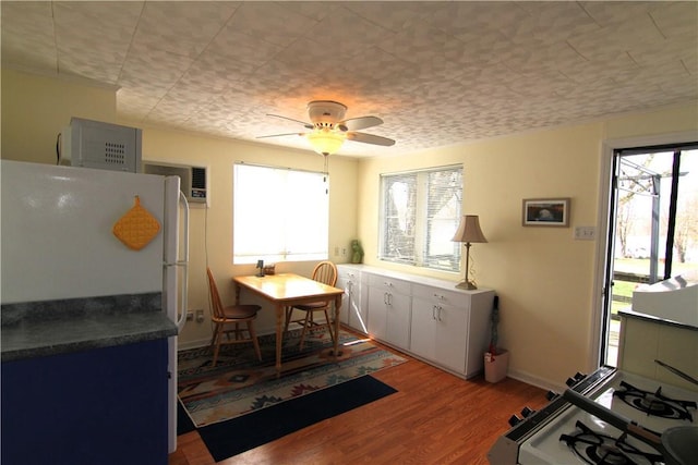 dining room featuring baseboards, a ceiling fan, and wood finished floors