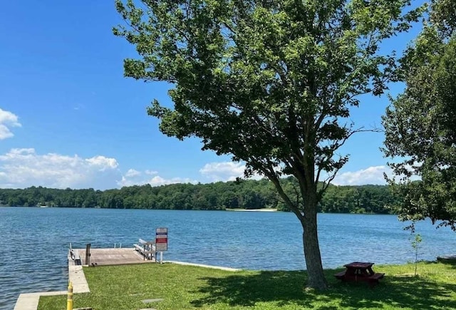 dock area with a water view, a lawn, and a wooded view