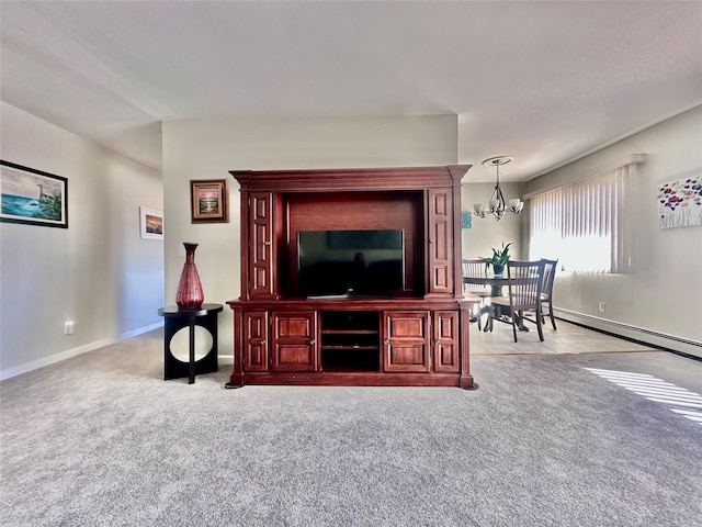 living room featuring light carpet, baseboards, an inviting chandelier, and a baseboard radiator