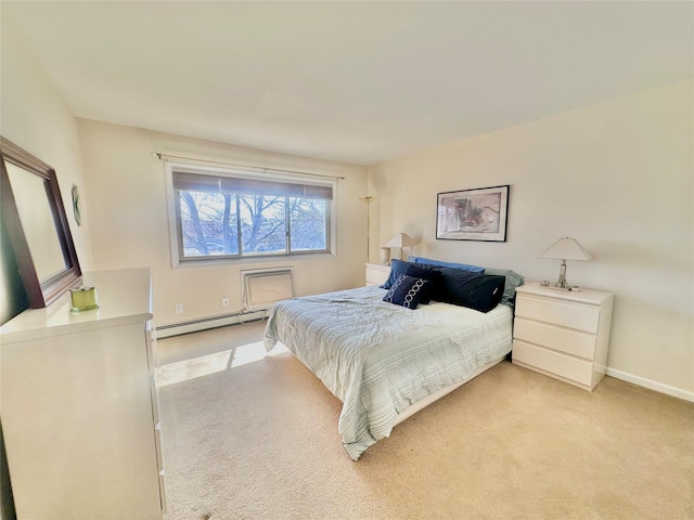 bedroom featuring light colored carpet, baseboards, and baseboard heating