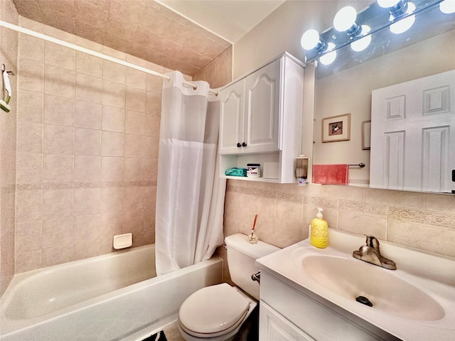 bathroom featuring vanity, shower / bath combo with shower curtain, tile walls, toilet, and tasteful backsplash