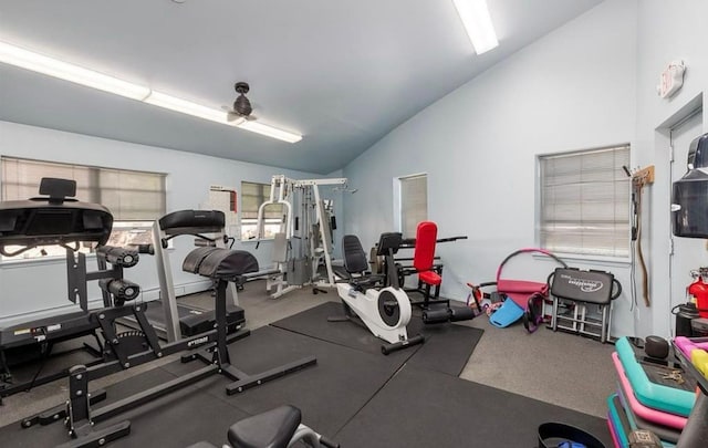 workout area featuring high vaulted ceiling