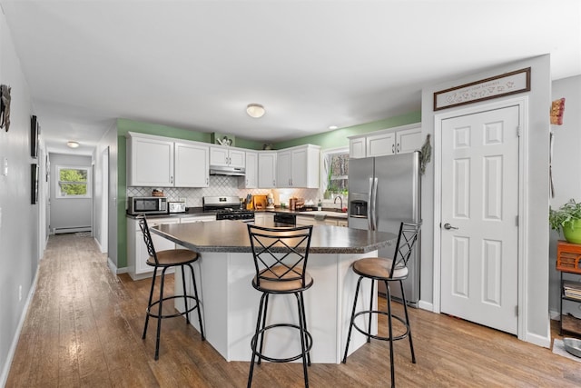 kitchen featuring wood finished floors, dark countertops, under cabinet range hood, a sink, and stainless steel appliances