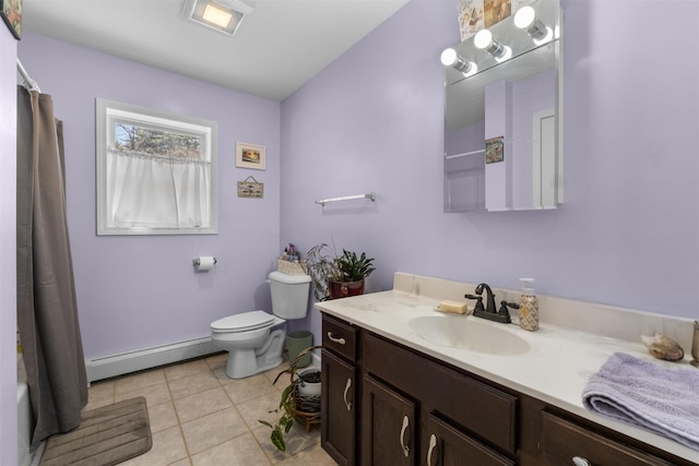 bathroom featuring baseboard heating, tile patterned flooring, vanity, toilet, and baseboards