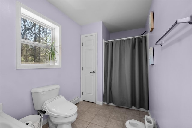 bathroom featuring tile patterned flooring, curtained shower, toilet, baseboards, and a baseboard radiator