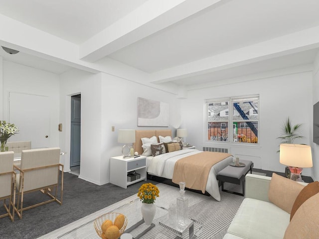 bedroom with beam ceiling and dark carpet
