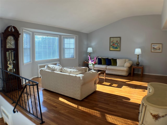 living room with lofted ceiling, radiator, wood finished floors, and baseboards