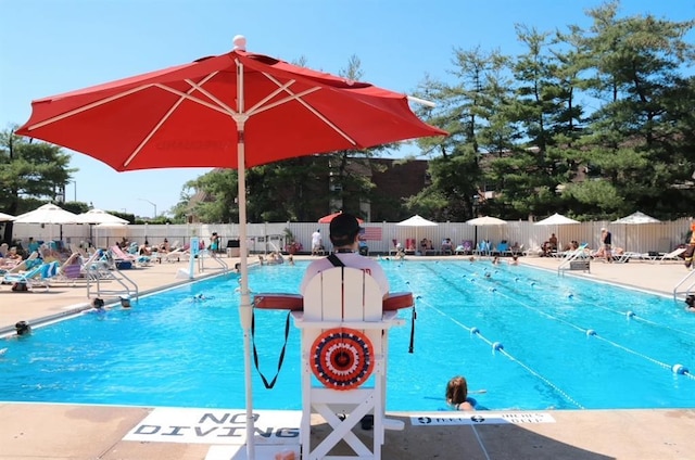 pool featuring a patio area and fence