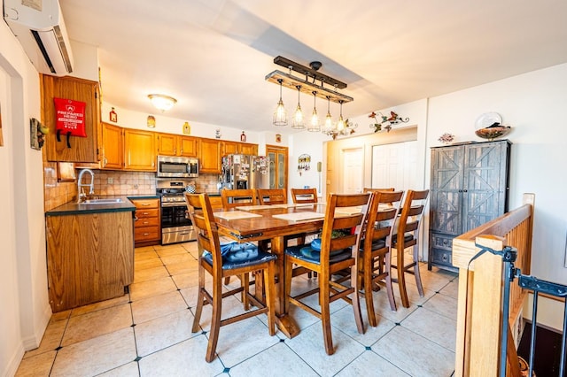 3125 Spencer Dr, Bronx, NY 10465 - dining room featuring light tile patterned floors and an AC wall unit