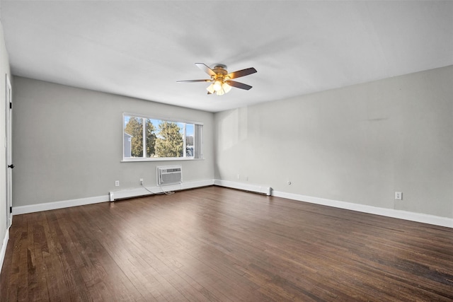 unfurnished room featuring dark wood-type flooring, a ceiling fan, baseboards, and a wall mounted air conditioner