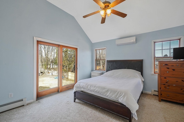 carpeted bedroom with a baseboard radiator, multiple windows, an AC wall unit, and access to exterior