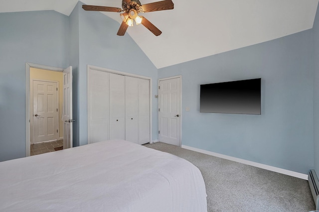 bedroom featuring baseboards, carpet flooring, a closet, high vaulted ceiling, and a ceiling fan