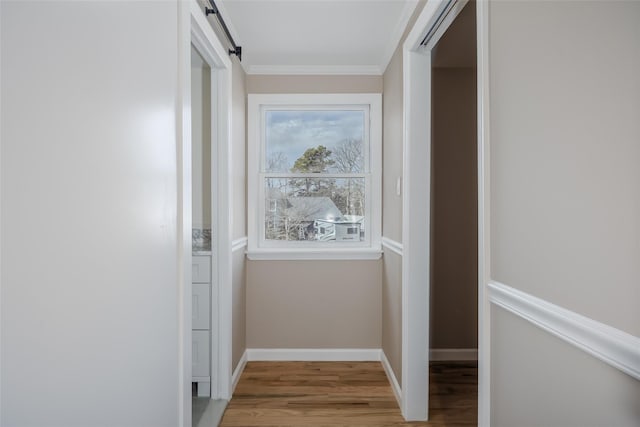 corridor featuring crown molding, a barn door, wood finished floors, and baseboards