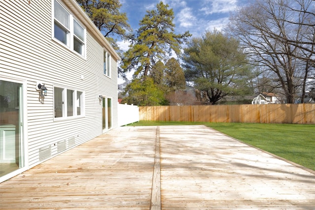 deck with a yard and fence