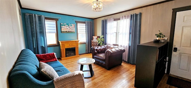 living area featuring a chandelier, light wood-style flooring, a fireplace, and ornamental molding