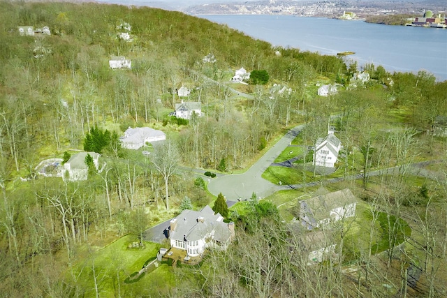 bird's eye view with a water view