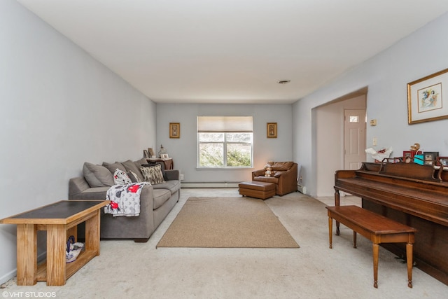 living room featuring carpet flooring and baseboard heating