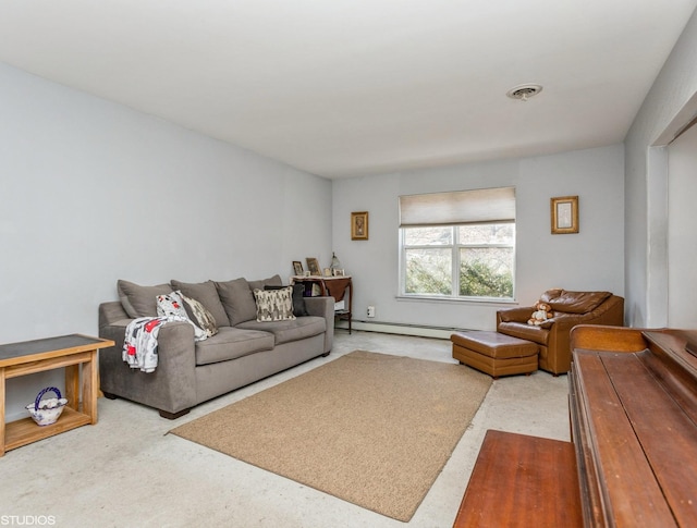 living room featuring visible vents and a baseboard radiator