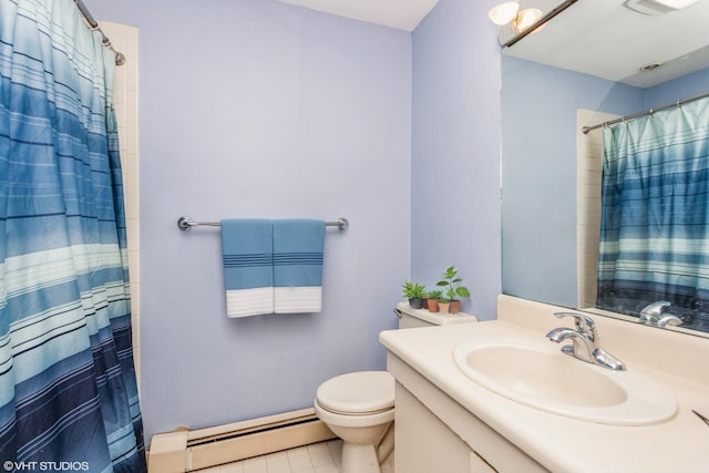 full bathroom featuring curtained shower, toilet, baseboard heating, tile patterned floors, and vanity