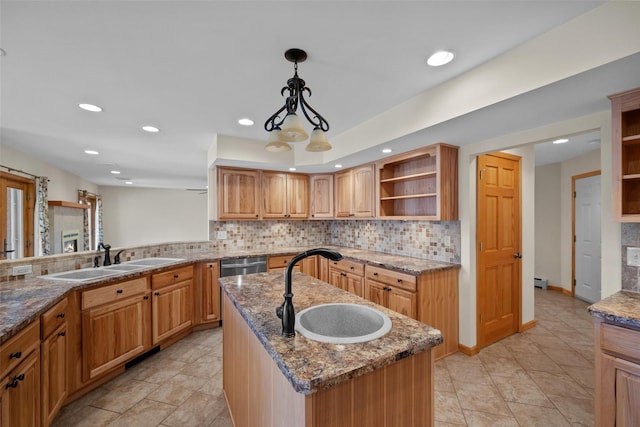 kitchen with recessed lighting, a sink, backsplash, and open shelves