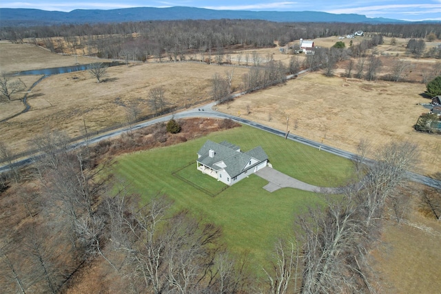 bird's eye view featuring a rural view and a water and mountain view