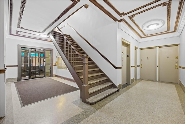 interior space with stairway, french doors, baseboards, and ornamental molding