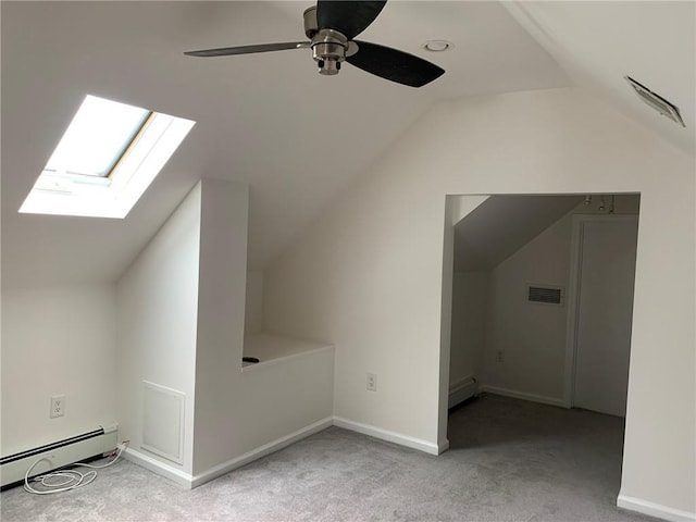 bonus room featuring lofted ceiling with skylight, carpet flooring, visible vents, and baseboard heating