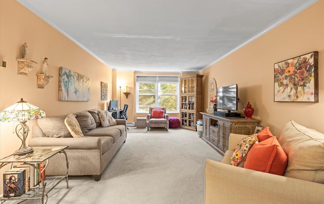 living room with a baseboard radiator, carpet, and ornamental molding