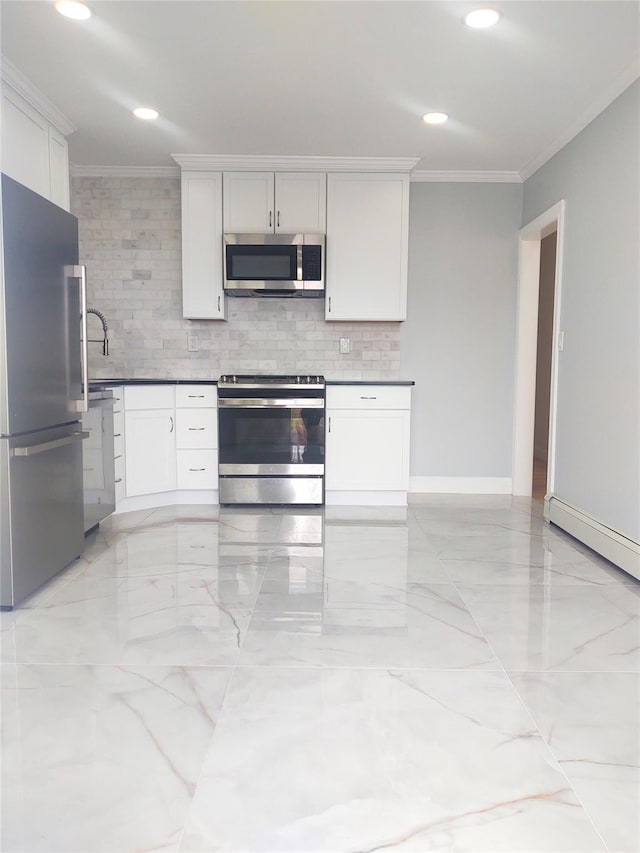 kitchen featuring recessed lighting, stainless steel appliances, marble finish floor, crown molding, and tasteful backsplash