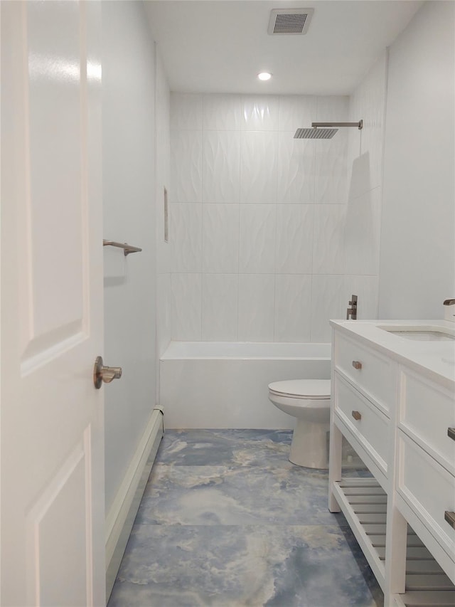 bathroom with shower / bathing tub combination, visible vents, toilet, and vanity